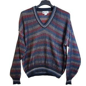 SANSABELT SPORT V-Neck Sweater Men’s M Made In USA Striped Cotton Dead Stock